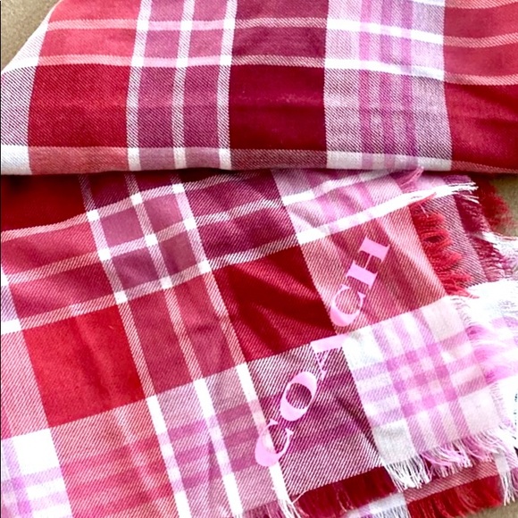COACH Authentic Red White Plaid Fringe Large Oversized Scarf NEW - Picture 4 of 5